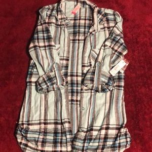 Blue, white, grey, and black plaid flannel shirt
